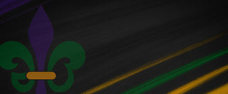 Geaux Big website hero banner featuring a black asphalt background with purple, green, and gold racing streaks and the Geaux Big fleur-de-lis logo.