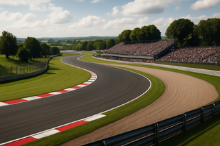 Formula 1 circuit winding through green hills with full grandstands, empty asphalt with curbs and gravel runoff under daylight.