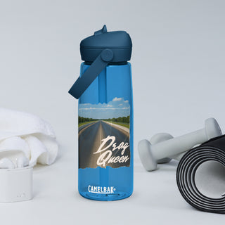 Drag Queen Camelbak water bottle in oxford blue color, studio shot with fitness gear.