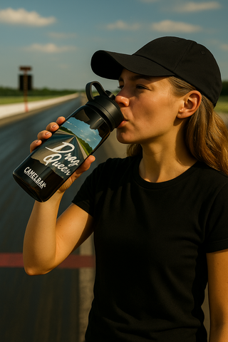 Woman in black cap drinking from Drag Queen Camelbak water bottle at drag strip.