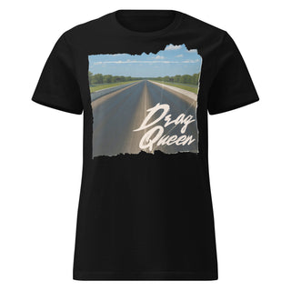 Women’s Drag Queen graphic tee in black featuring a drag strip race track design with bold retro lettering.