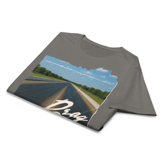 Women’s charcoal Drag Queen race track graphic tee neatly folded for product display.