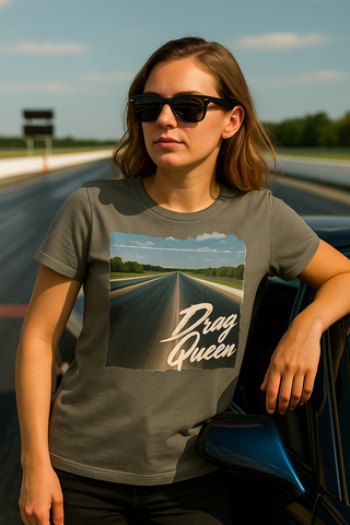 Model wearing the women’s charcoal Drag Queen graphic tee at a drag strip with car and starting line in background.
