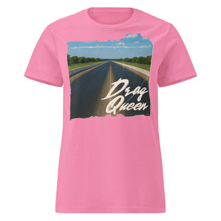Women’s Drag Queen graphic tee in pink with drag strip design and bold retro text.