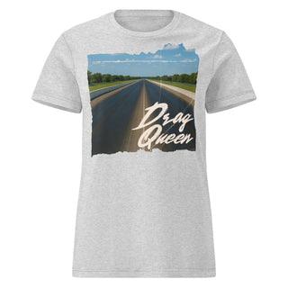 Women’s Drag Queen t-shirt in sport grey featuring drag racing track artwork and retro lettering.