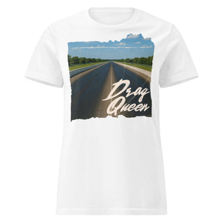 Women’s Drag Queen graphic tee in white with drag strip race track print and bold lettering.