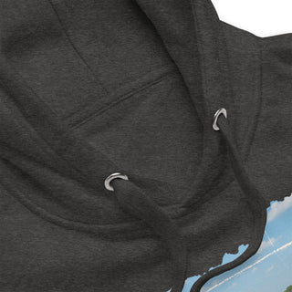 Close-up detail of Drag Queen women’s graphic hoodie showing hood drawstrings and gussets in charcoal heather.