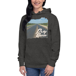 Woman wearing charcoal heather Drag Queen women’s hoodie with vintage drag strip graphic, front view.