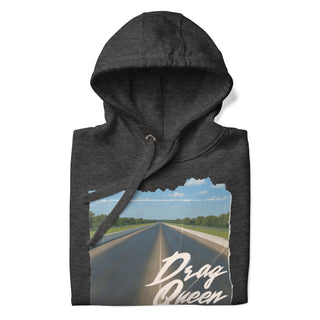 Drag Queen women’s hoodie folded flat showing vintage drag strip print on the front, charcoal heather color.