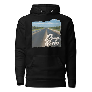 Drag Queen women’s pullover hoodie in Black with vintage drag racing strip graphic print