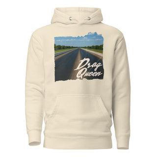 Drag Queen women’s pullover hoodie in Bone with vintage drag racing strip graphic print