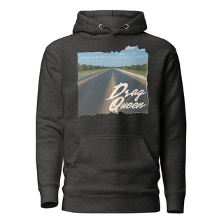 Drag Queen women’s pullover hoodie in Charcoal Heather with vintage drag racing strip graphic print