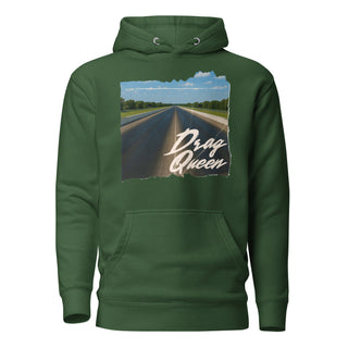 Drag Queen women’s pullover hoodie in Forest Green with vintage drag racing strip graphic print
