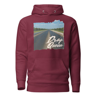 Drag Queen women’s pullover hoodie in Maroon with vintage drag racing strip graphic print