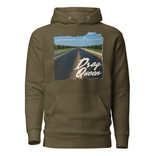 Drag Queen women’s pullover hoodie in Military Green with vintage drag racing strip graphic print