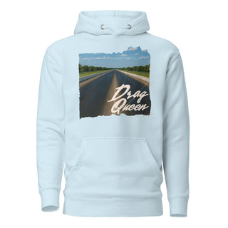 Drag Queen women’s pullover hoodie in Sky Blue with vintage drag racing strip graphic print
