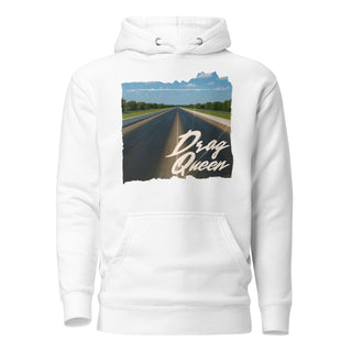 Drag Queen women’s pullover hoodie in White with vintage drag racing strip graphic print