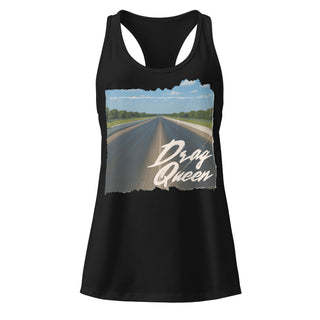 Women’s black racerback tank top with Drag Queen drag racing track graphic