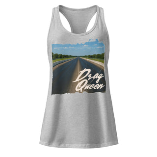 Heather gray women’s racerback tank top with Drag Queen vintage drag strip graphic