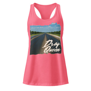 Women’s hot pink racerback tank top featuring Drag Queen drag racing track graphic
