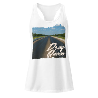 Women’s white racerback tank top with Drag Queen drag racing graphic print