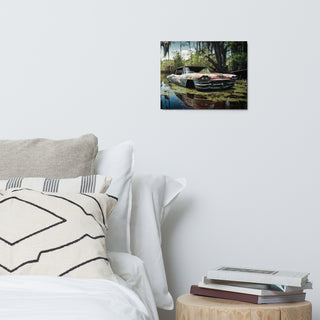 The “Forgotten Steel – Still Waters” 11×14 glossy metal wall art print displayed in a modern room setting, adding rustic automotive charm to the décor.