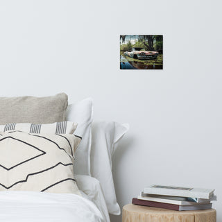 Alt Text: The “Forgotten Steel – Still Waters” 8×10 glossy metal wall art print displayed in a cozy space, perfect for desks, shelves, or smaller walls.
