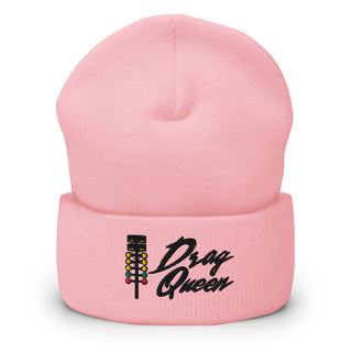 Baby pink embroidered cuffed beanie with drag-racing light-tree design — Geaux Big “Drag Queen.”