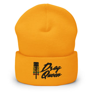 Gold embroidered cuffed beanie with drag-racing light-tree design — Geaux Big “Drag Queen.”
