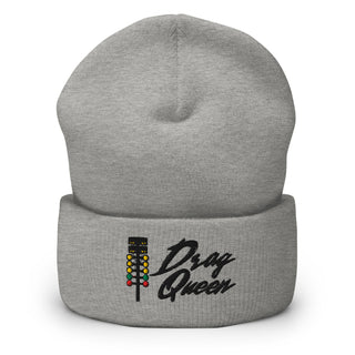 Heather grey embroidered cuffed beanie with drag-racing light-tree design — Geaux Big “Drag Queen.”