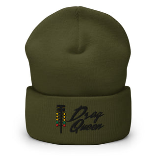 Olive green embroidered cuffed beanie featuring a drag-racing start-light tree — Geaux Big “Drag Queen.”