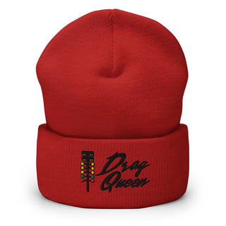 Red embroidered cuffed beanie with drag-racing light-tree design — Geaux Big “Drag Queen” motorsport hat.