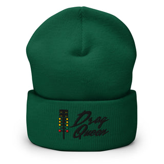Spruce green embroidered cuffed beanie with drag-racing light-tree graphic — Geaux Big “Drag Queen.”