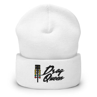 White embroidered cuffed beanie with drag-racing light-tree design — Geaux Big “Drag Queen.”