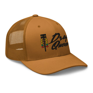 Caramel embroidered trucker cap with drag-racing light tree design — Geaux Big “Drag Queen.”
