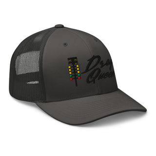 Charcoal gray embroidered trucker cap featuring drag-racing light tree design — Geaux Big “Drag Queen.”