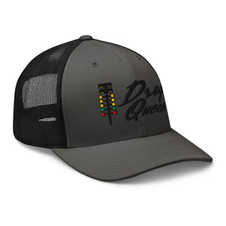 Charcoal and black embroidered trucker cap with drag-racing light tree embroidery — Geaux Big “Drag Queen.”
