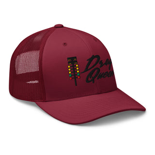 Cranberry red embroidered trucker cap with drag-racing light tree embroidery — Geaux Big “Drag Queen.”