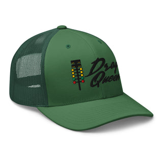 Evergreen embroidered trucker cap featuring drag-racing light tree embroidery — Geaux Big “Drag Queen.”
