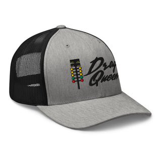 Heather gray and black embroidered trucker cap with drag-racing light tree design — Geaux Big “Drag Queen.”