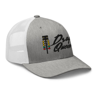 Heather gray and white embroidered trucker cap featuring drag-racing light tree design — Geaux Big “Drag Queen.”