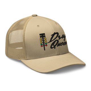 Khaki embroidered trucker cap featuring drag-racing light tree design — Geaux Big “Drag Queen.”