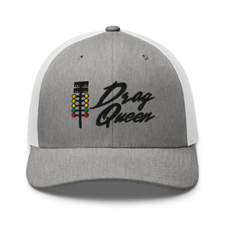 Front view of embroidered trucker cap featuring drag-racing light-tree design and “Drag Queen” text — Geaux Big motorsport apparel.