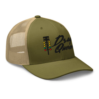 Moss green and khaki embroidered trucker cap with drag-racing light tree embroidery — Geaux Big “Drag Queen.”