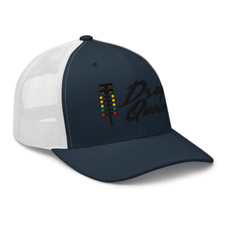 Navy and white embroidered trucker cap featuring drag-racing light tree design — Geaux Big “Drag Queen” motorsport hat.