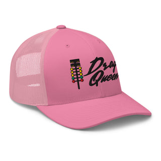 Pink embroidered trucker cap featuring drag-racing light tree embroidery — Geaux Big “Drag Queen.”