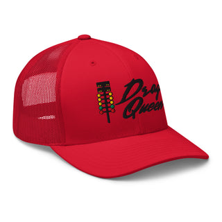 Red embroidered trucker cap featuring drag-racing light tree design — Geaux Big “Drag Queen.”