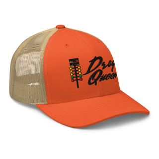 Rustic orange and khaki embroidered trucker cap featuring drag-racing light tree design — Geaux Big “Drag Queen.”