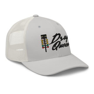 Silver embroidered trucker cap with drag-racing light tree embroidery — Geaux Big “Drag Queen.”