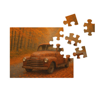 30-piece puzzle featuring a vintage pickup truck on a winding autumn forest road with fallen leaves.
